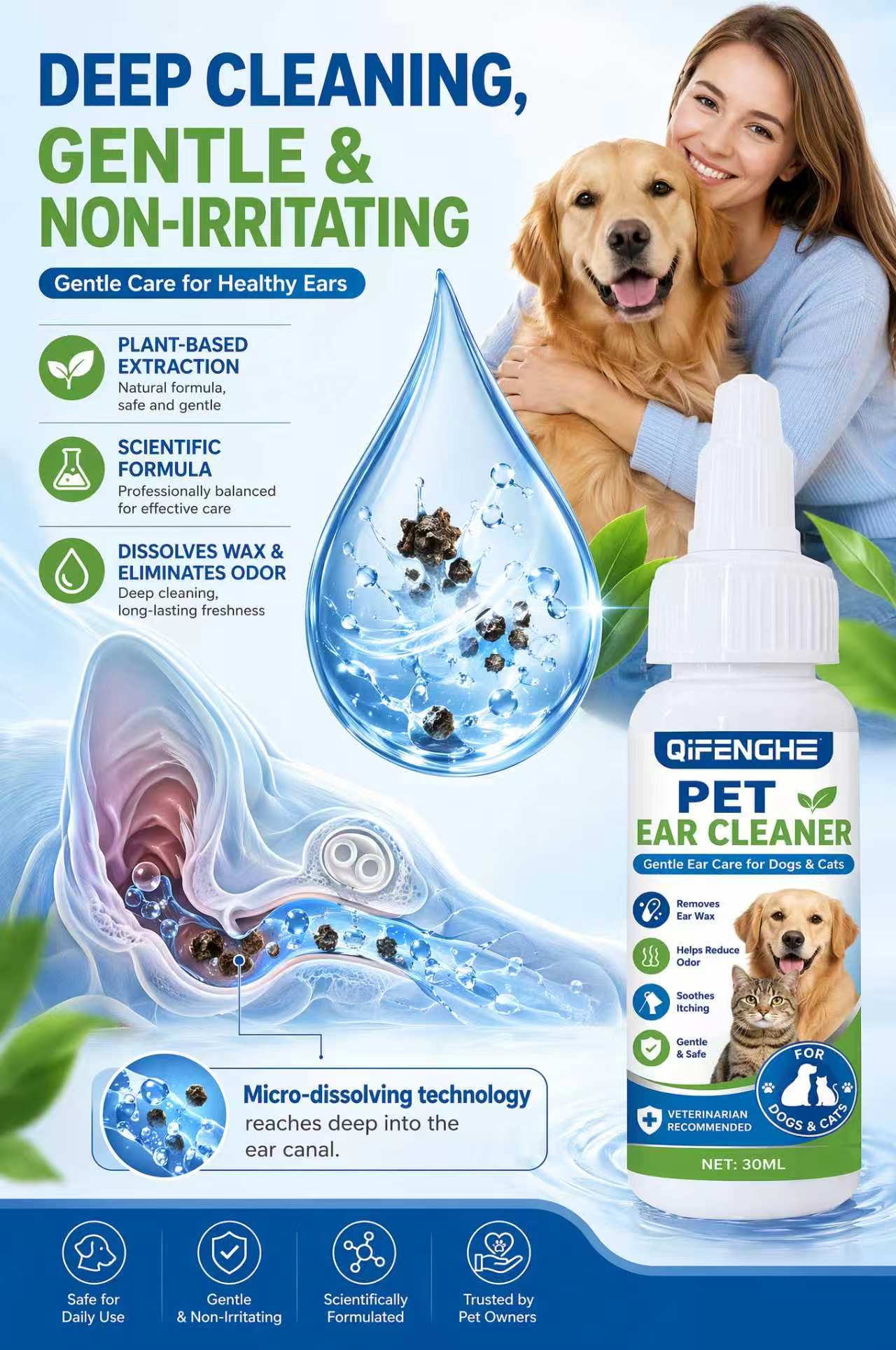 Dog Ear Cleaner Solution Drops Wash - Gocce per la Pulizia delle Orecchie