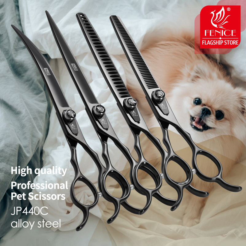 Professional Pet Grooming Scissors Curved - Fenice JP440C Acciaio Professionale Nero Canino